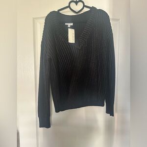 Evereve Classic Black Coated V-Neck Sweater NWT